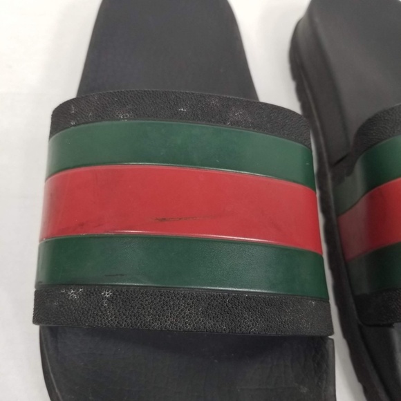 Mens Gucci Green Red Web Signature Stripe Slide Sandal Black Rubber Size 11 - Picture 2 of 16